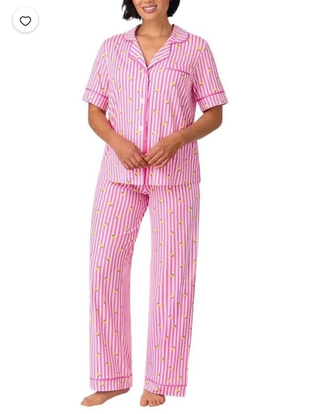 ROOM SERVICE white striped button down pajamas set pants & shirt lemon design XL